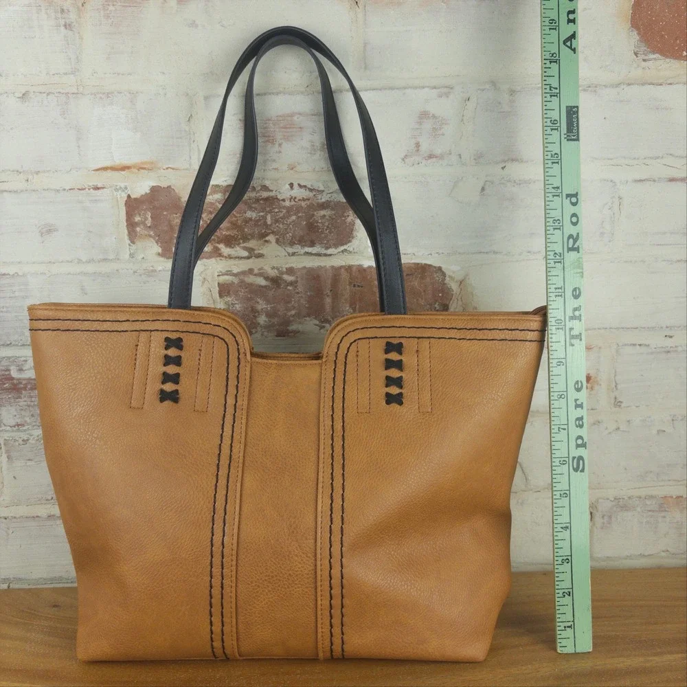 Montana West Tote Bag Camel Whipstitch Western Boho Purse Black Straps Gold Tone